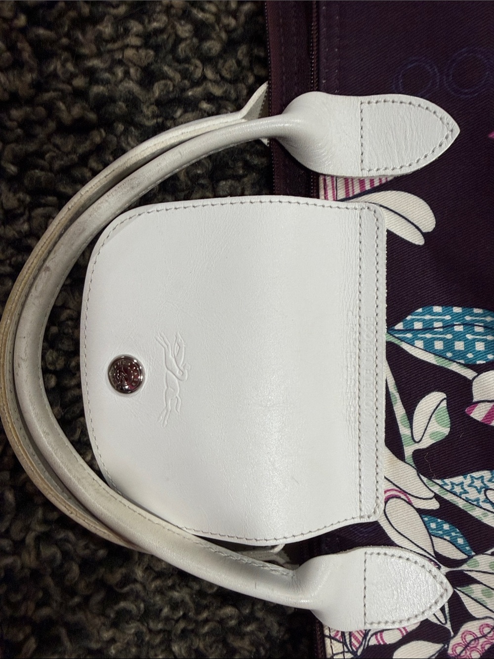Longchamp Floral Pattern Tote Bag with White Handles - Purple - Picture 7 of 7